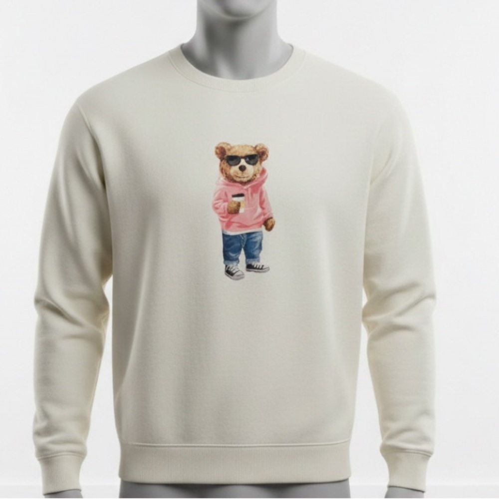 Denim & Flower Bear Graphic Sweatshirt - Cream Size L